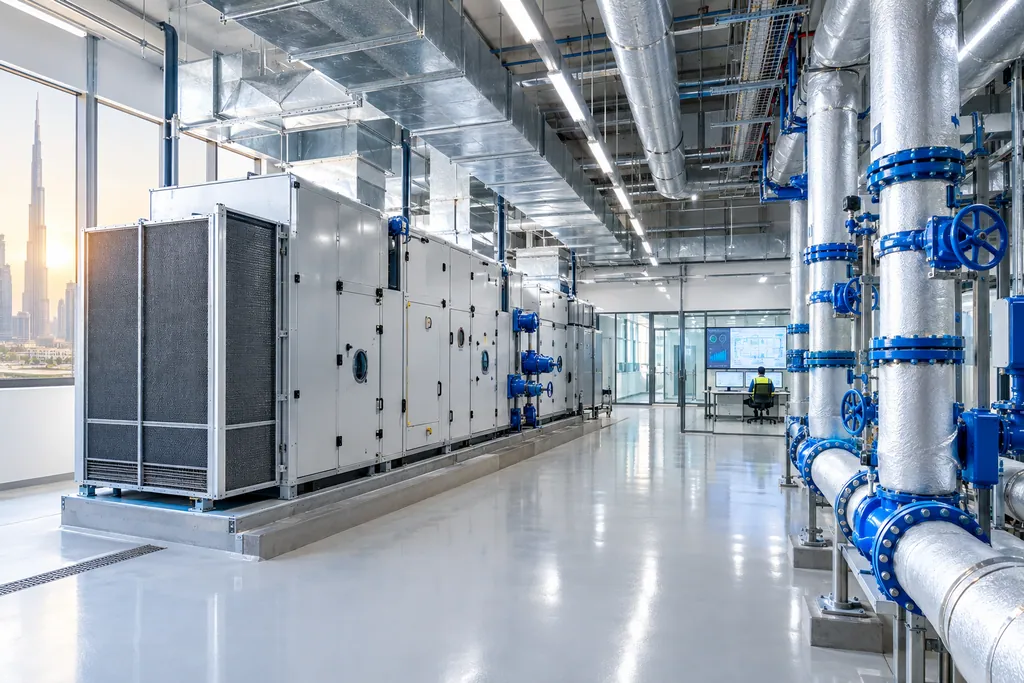 HVAC plant room with air handling units and insulated chilled-water pipework
